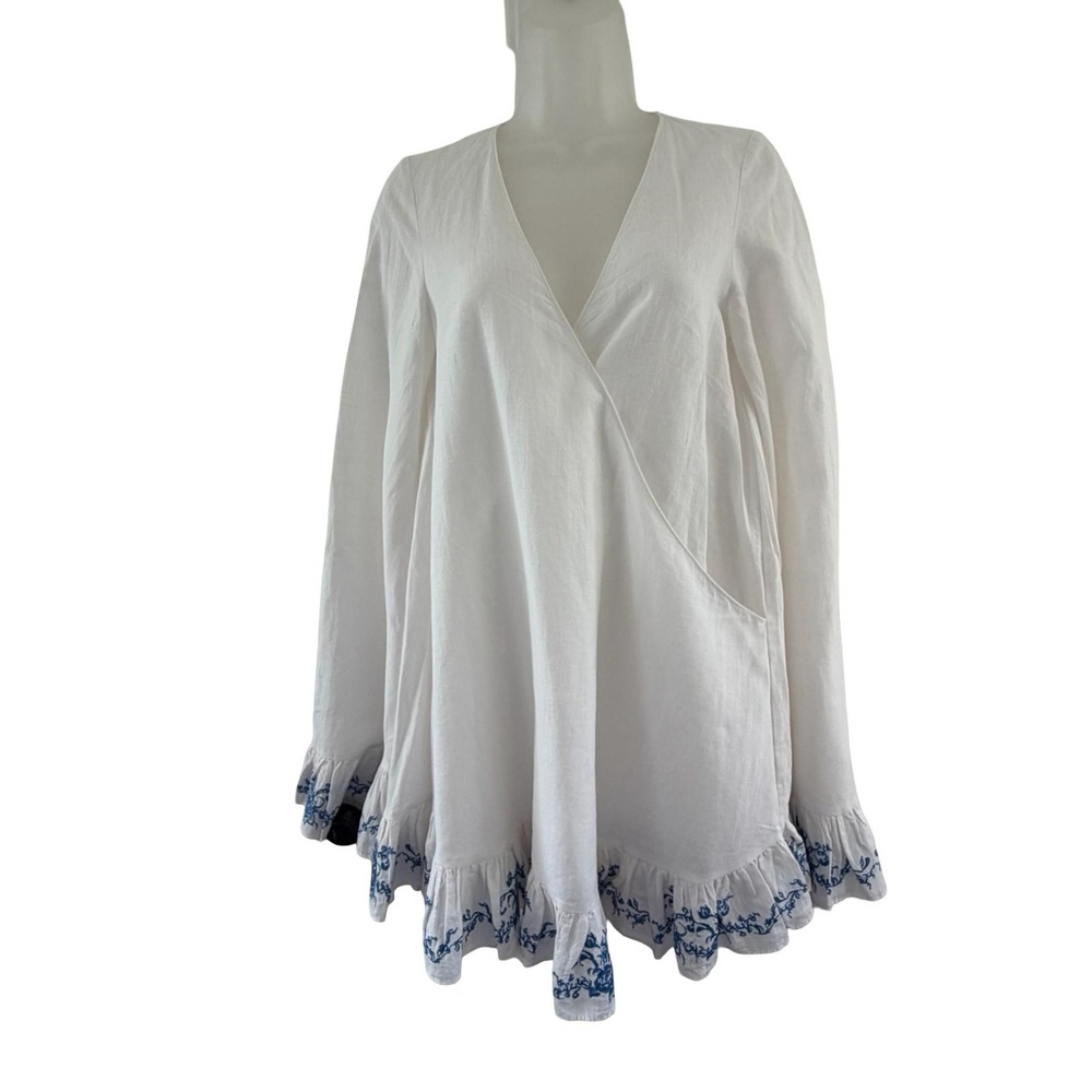 Caroline Constas Brynn Cover Up Womens XS White Blue Embroidered Ruffle Hem - Picture 6 of 16
